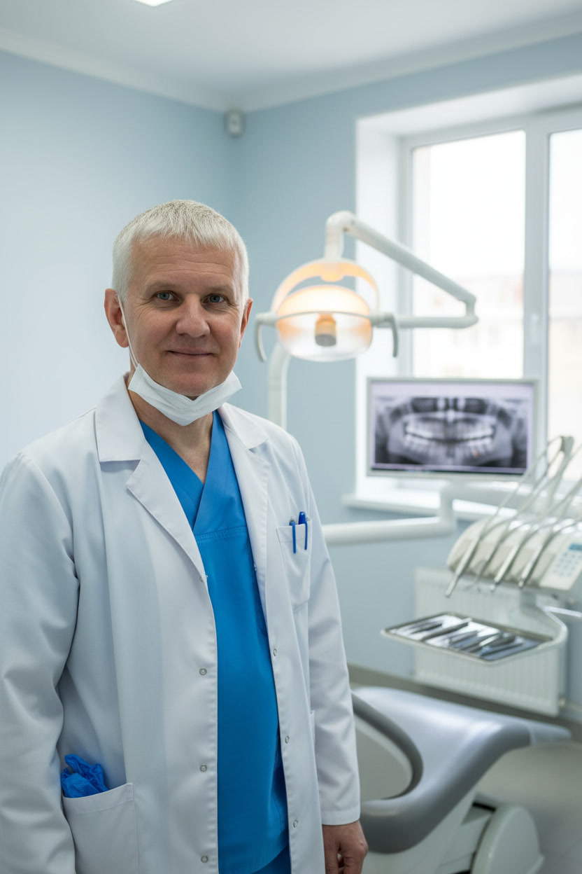 Volodymyr Drobot, implant dentist, in his surgery in Chornomorsk, Ukraine